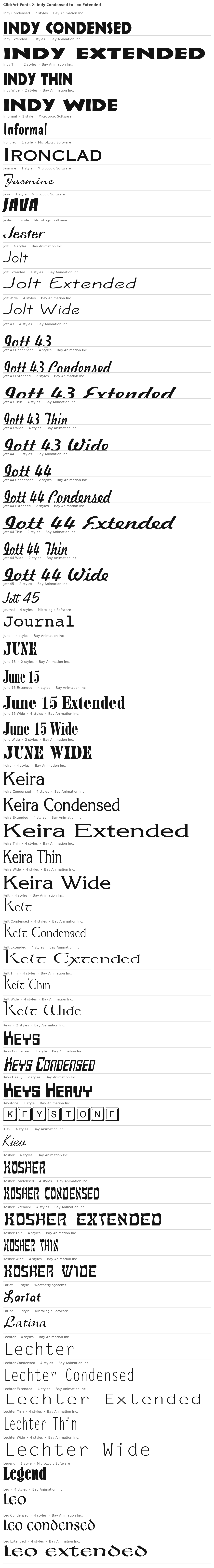 Specimen plate: ClickArt Fonts 2 families Indy Condensed to Leo Extended, each name set in its own typeface