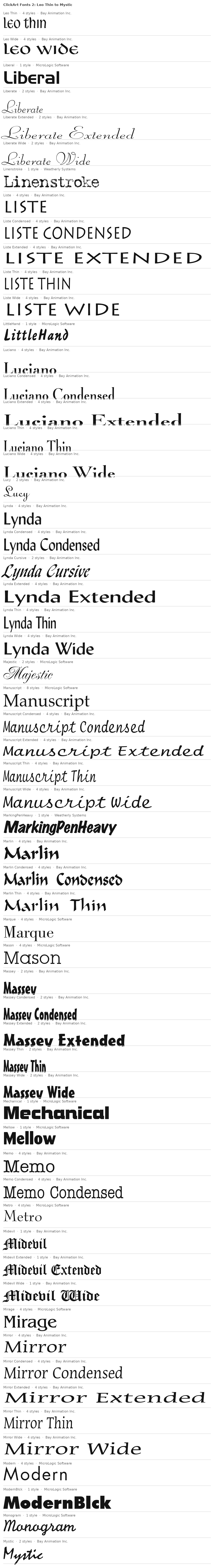 Specimen plate: ClickArt Fonts 2 families Leo Thin to Mystic, each name set in its own typeface