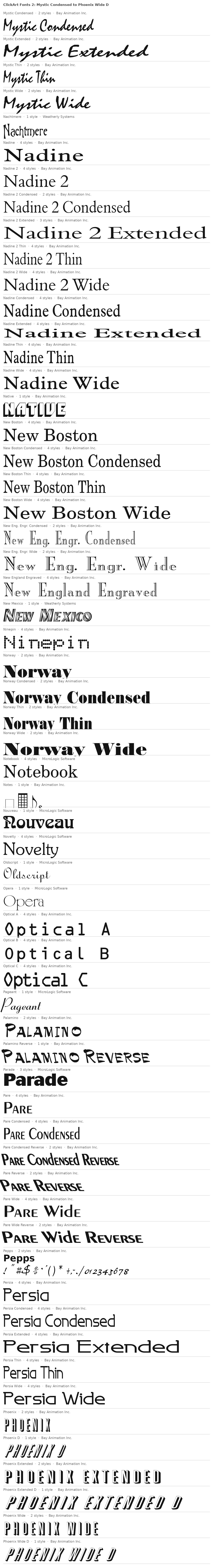 Specimen plate: ClickArt Fonts 2 families Mystic Condensed to Phoenix Wide D, each name set in its own typeface