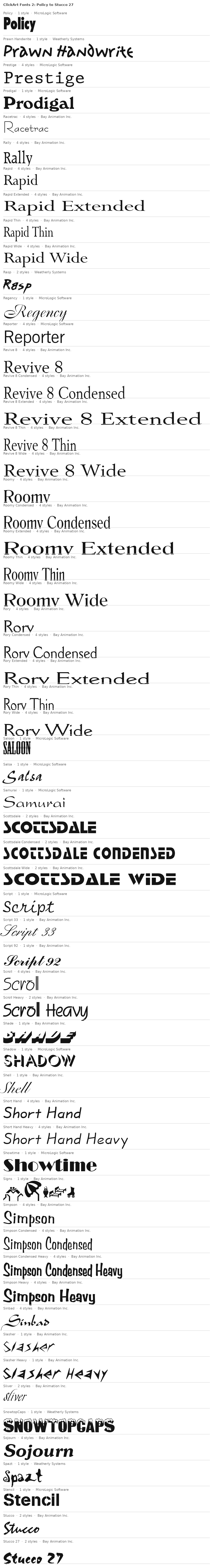 Specimen plate: ClickArt Fonts 2 families Policy to Stucco 27, each name set in its own typeface