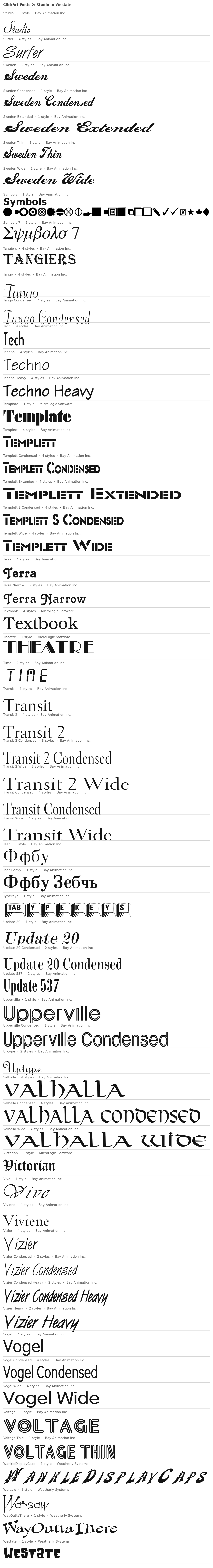 Specimen plate: ClickArt Fonts 2 families Studio to Westate, each name set in its own typeface