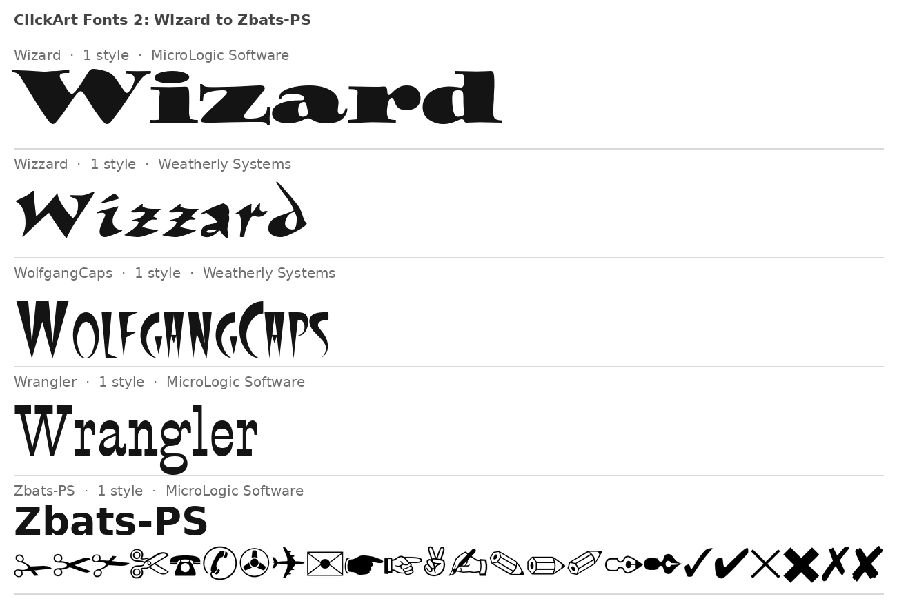 Specimen plate: ClickArt Fonts 2 families Wizard to Zbats-PS, each name set large in its own typeface