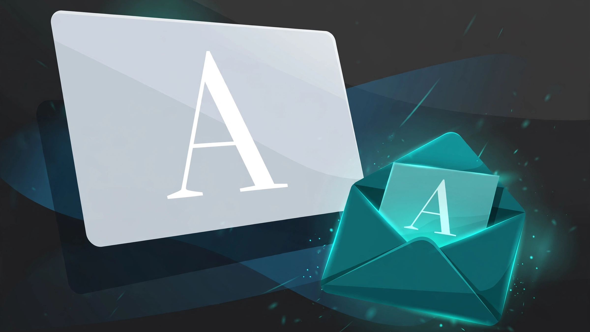 A presentation slide bearing one large letter A, with a glowing teal envelope beside it carrying the same letter: the type packaged to travel with the file.