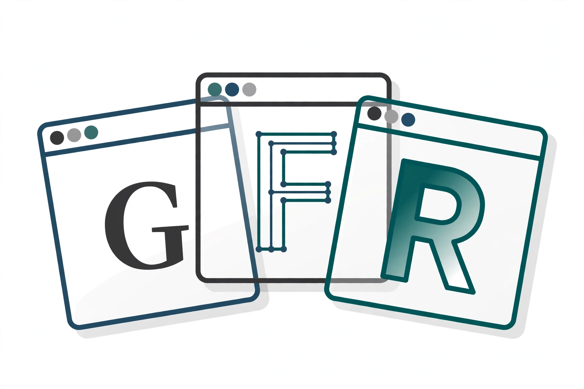 Three editor windows fanned side by side: a serif G, an outlined F with anchor points, and an R filled with a teal gradient