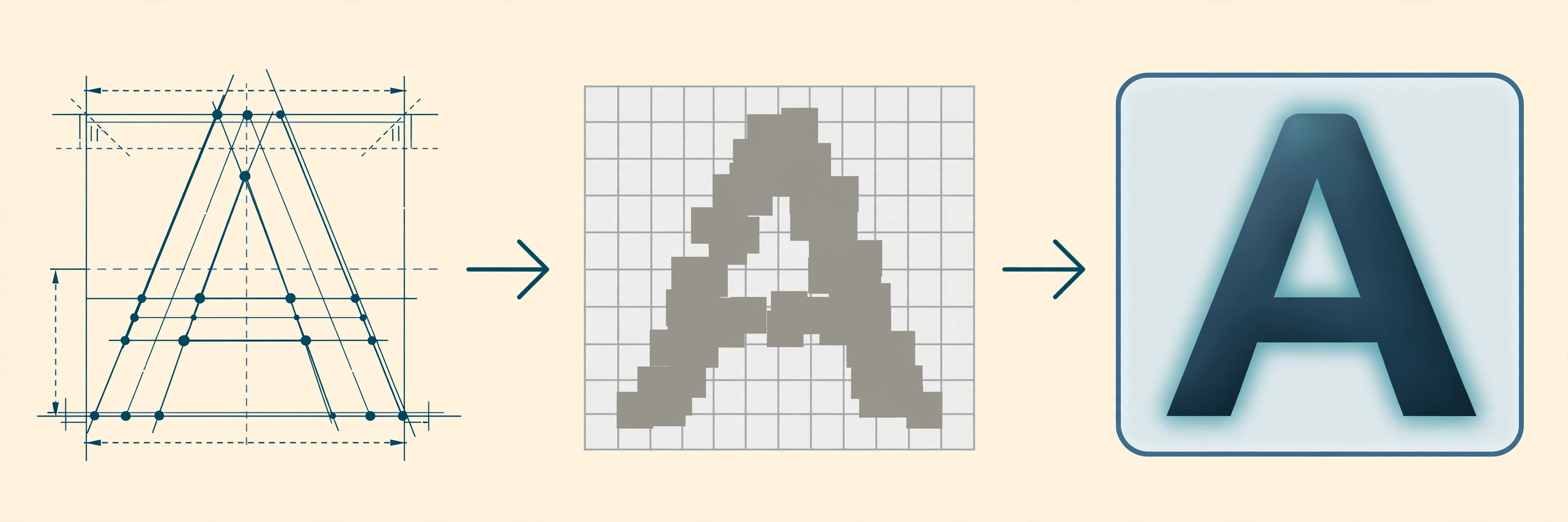 A letter in three stages: outline blueprint, pixel grid, finished screen glyph