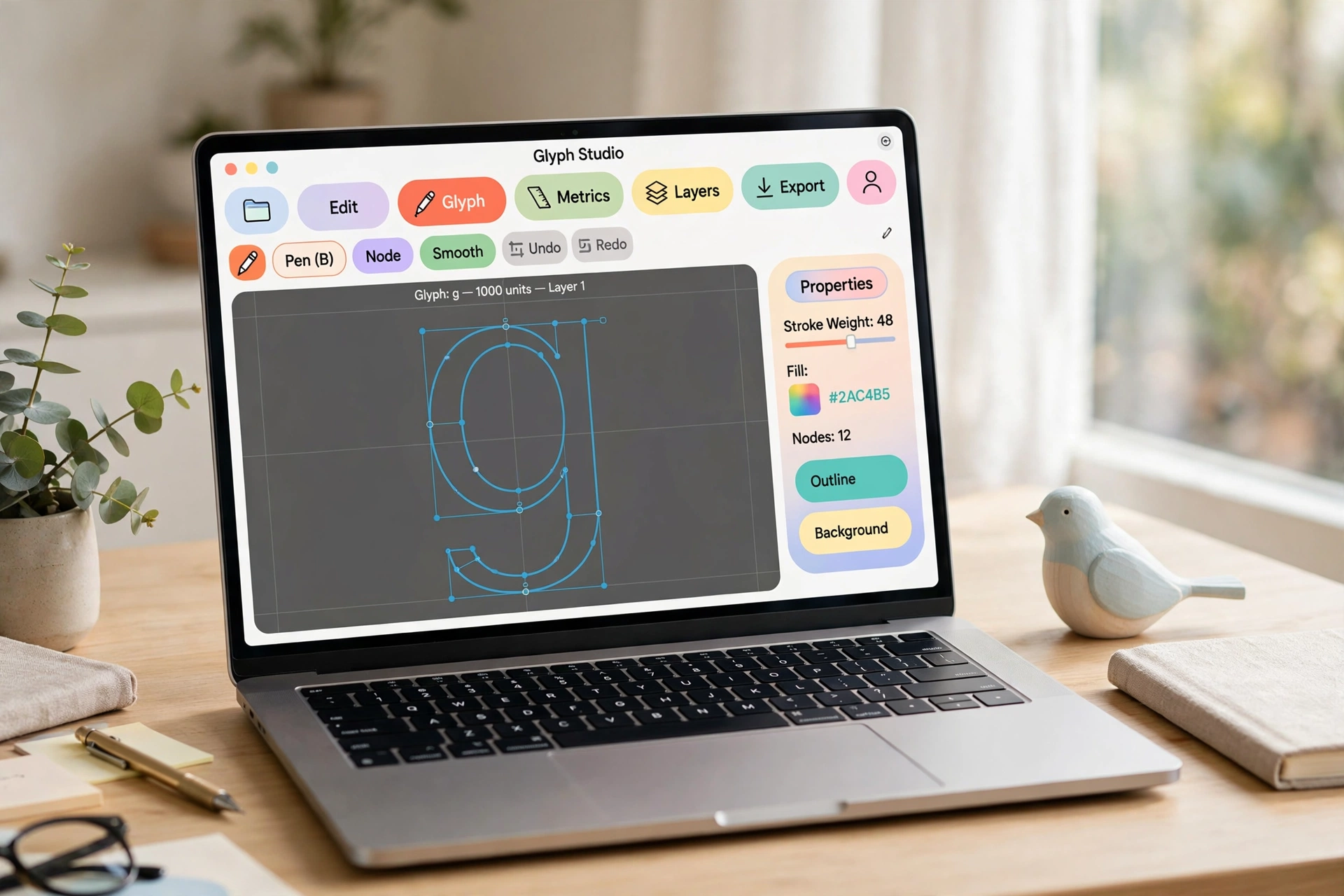 BirdFont in use: the friendly editor open on a laptop, a lowercase g drawn in smooth curves, the little bird figurine standing guard beside it