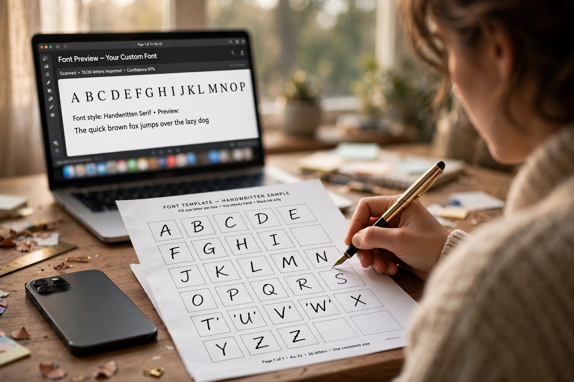 Calligraphr in use: a hand filling in a printed template sheet with a fountain pen, the finished letters already previewing as a font on the laptop behind