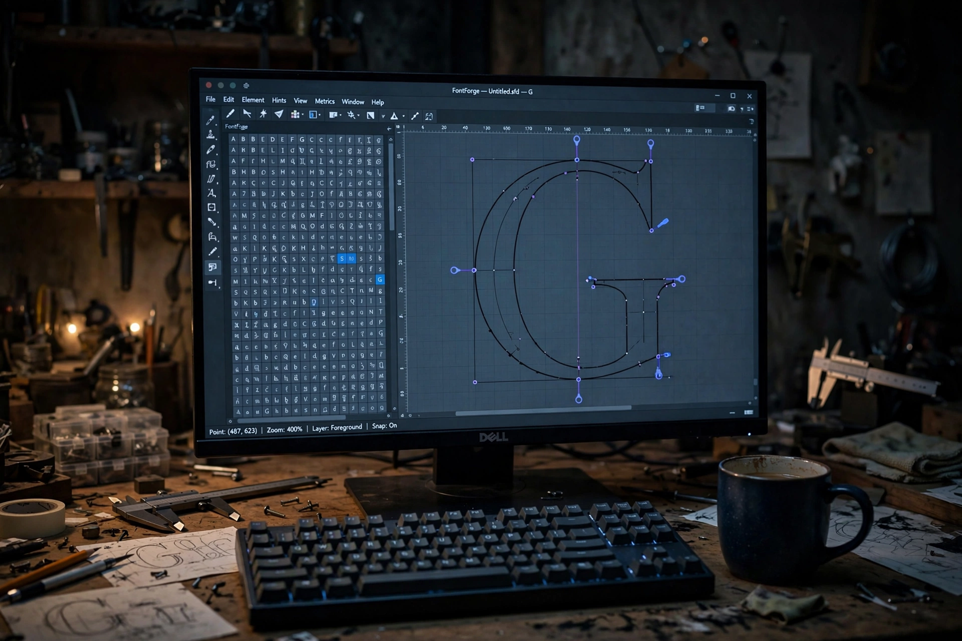FontForge in use: a glyph outline being edited point by point with a guide image behind it, metrics shown alongside