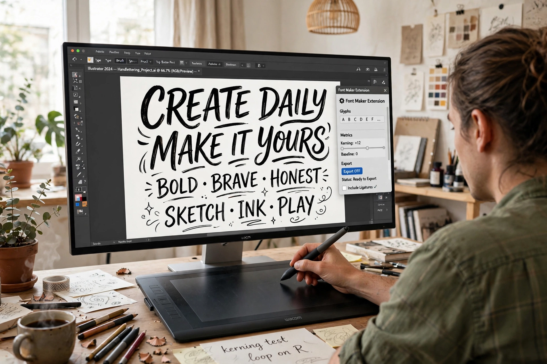 Fontself in use: hand lettering on the Adobe Illustrator artboard with the font-making panel docked at the side, the designer working with a stylus and tablet