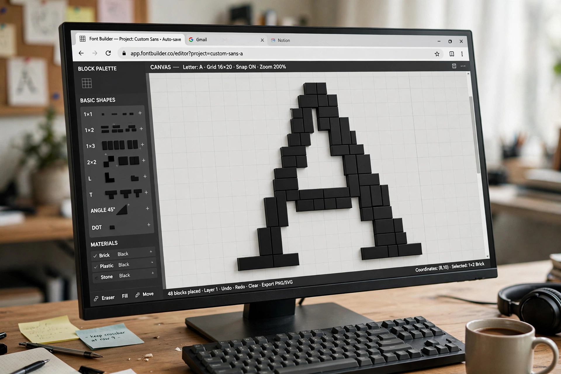 FontStruct in use: a capital A assembled from black blocks on the editing grid, the palette of basic shapes down the left side