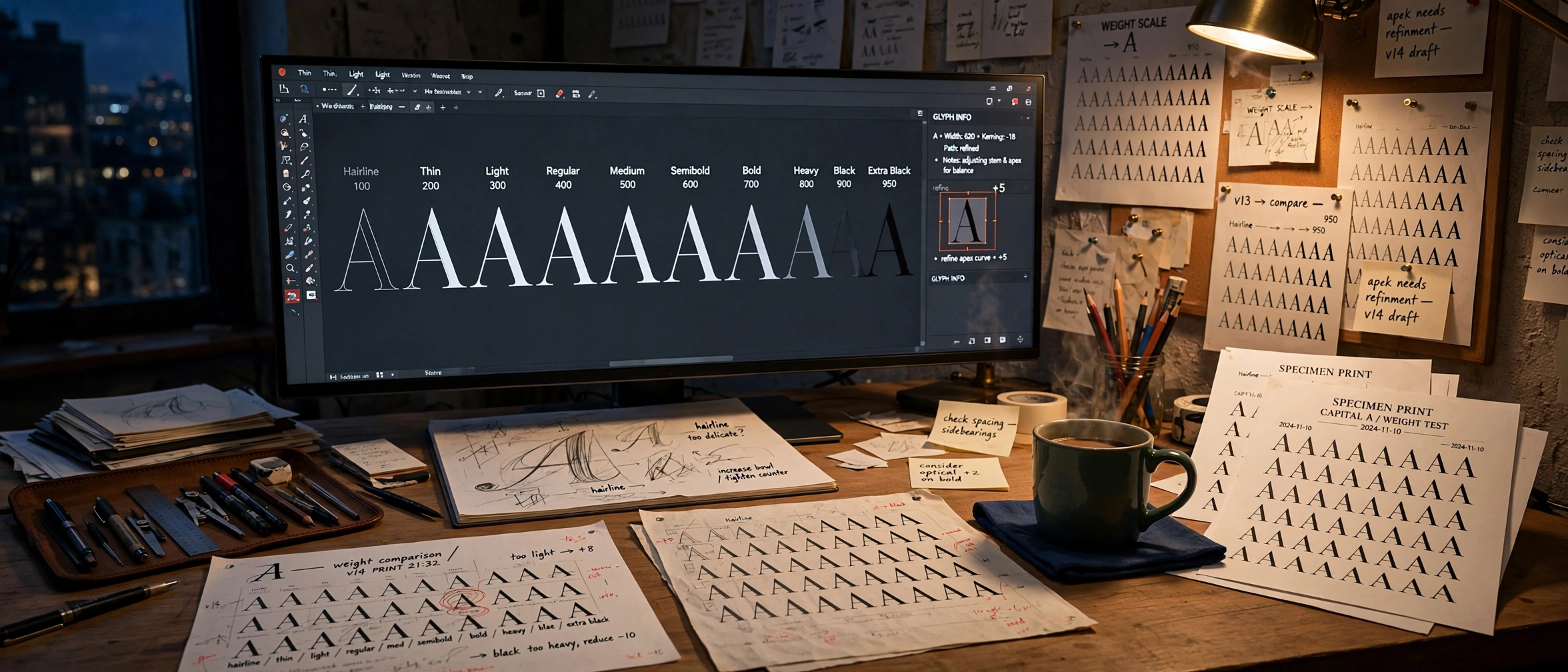 The professional editors in use: an ultrawide monitor running the same letter from hairline to black, printed proof sheets pinned across the studio wall