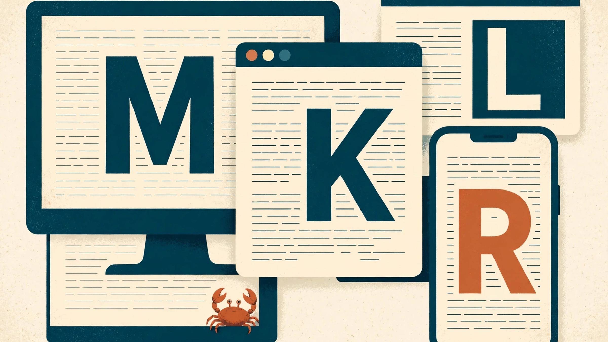 Illustration: overlapping desktop, browser, and phone windows, each filled with typeset text and one oversized letter, with a small rust-orange crab at the corner.