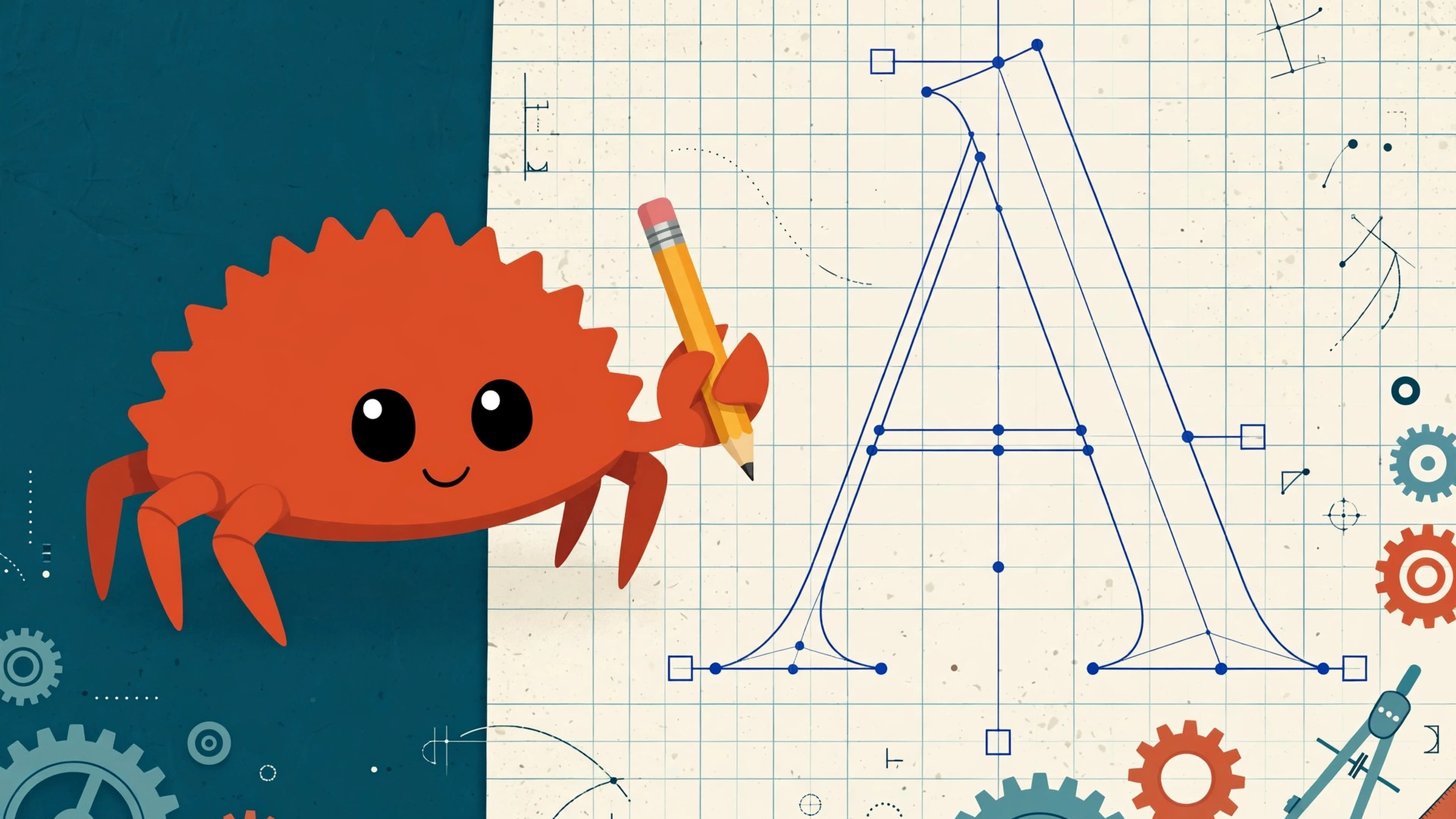 Illustration: a rust-orange crab holding a pencil, drawing a giant letter A as a vector outline with anchor points and Bezier handles on blueprint grid paper, with gears and drafting tools around.