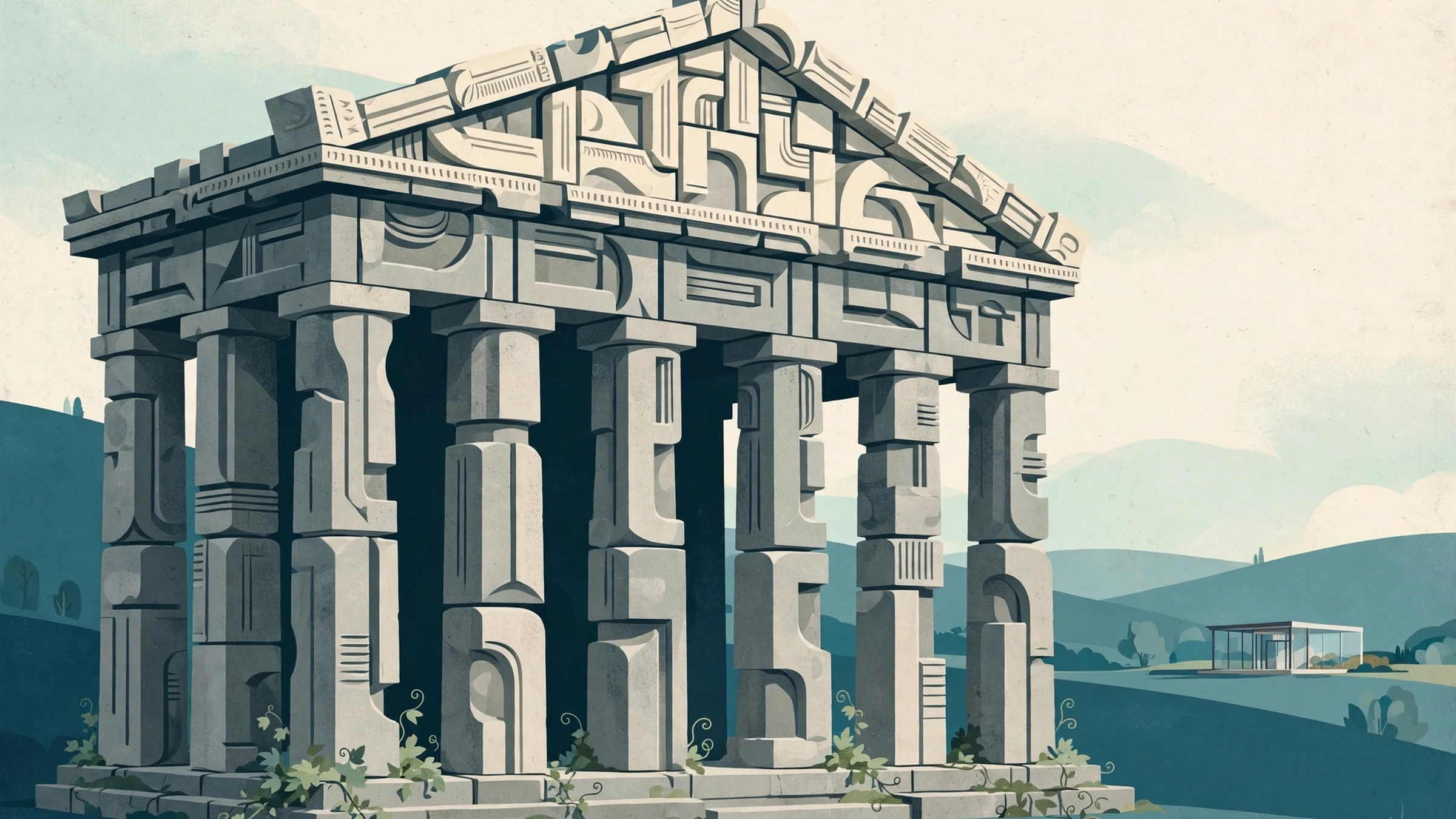 Illustration: a classical temple built from giant carved stone letters, with a small modern glass building far behind it.