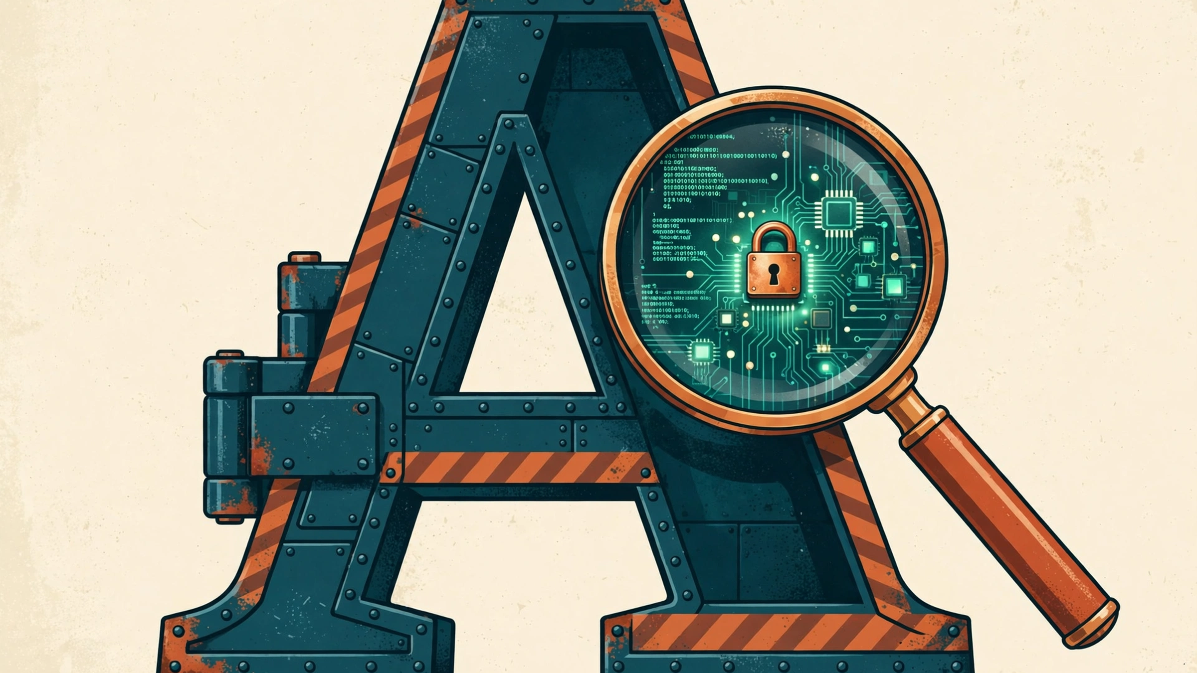 Illustration: a giant letter A built as a riveted steel vault with hazard stripes, a magnifying glass revealing circuitry and a padlock inside it.