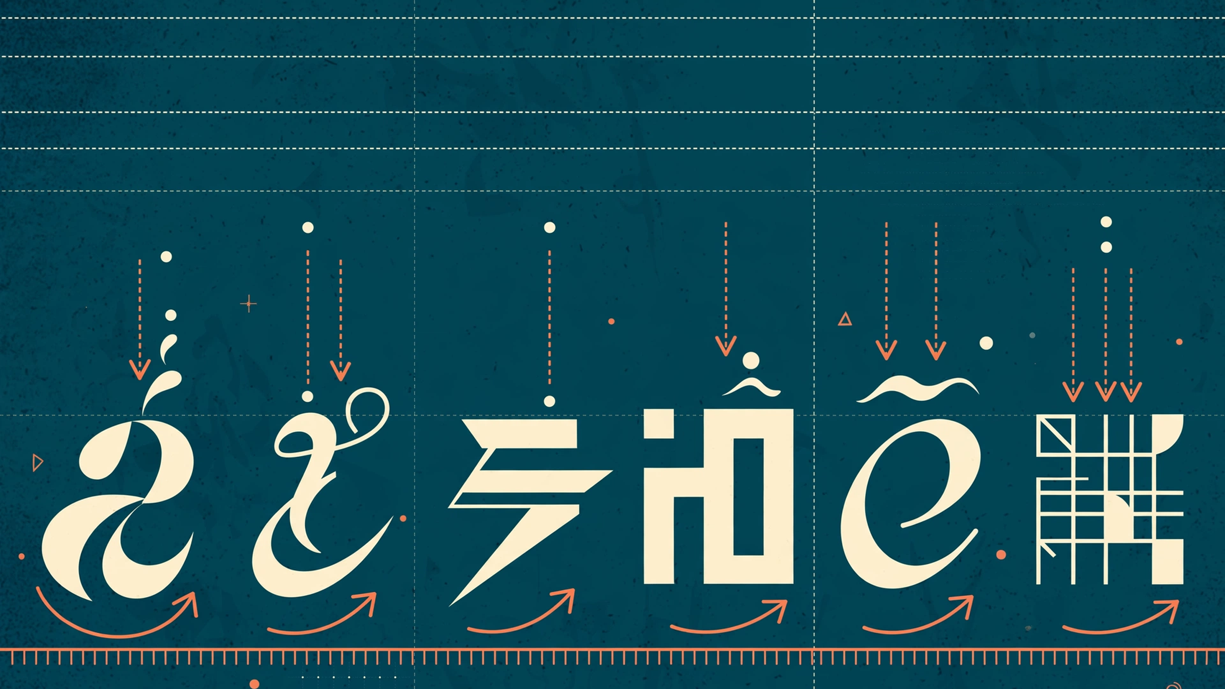 Illustration: letterforms from several writing systems settling onto a baseline under dashed guides, with accent marks dropping into place from above.