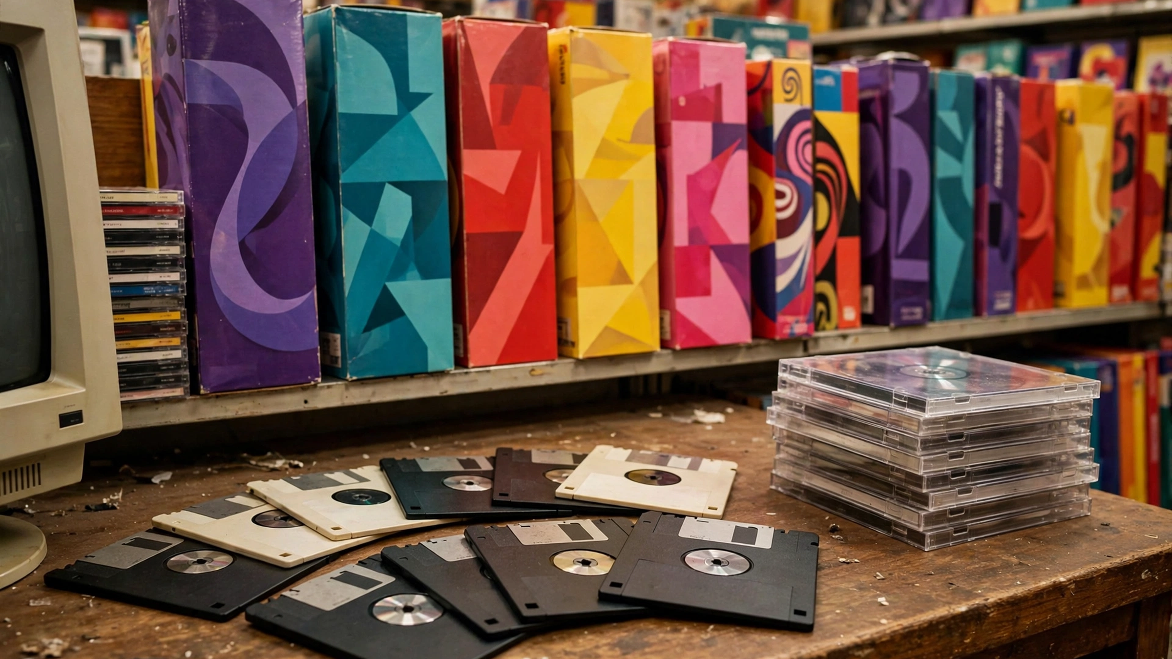 A 1990s software store shelf of tall, colorful font collection boxes, with floppy disks and CD jewel cases spread on the counter in front.