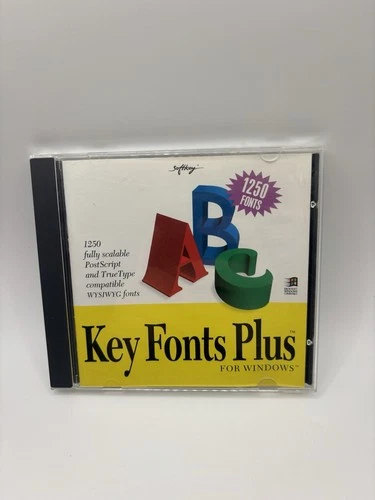 The Key Fonts Plus CD jewel case, its cover promising 1,250 fully scalable PostScript and TrueType fonts.