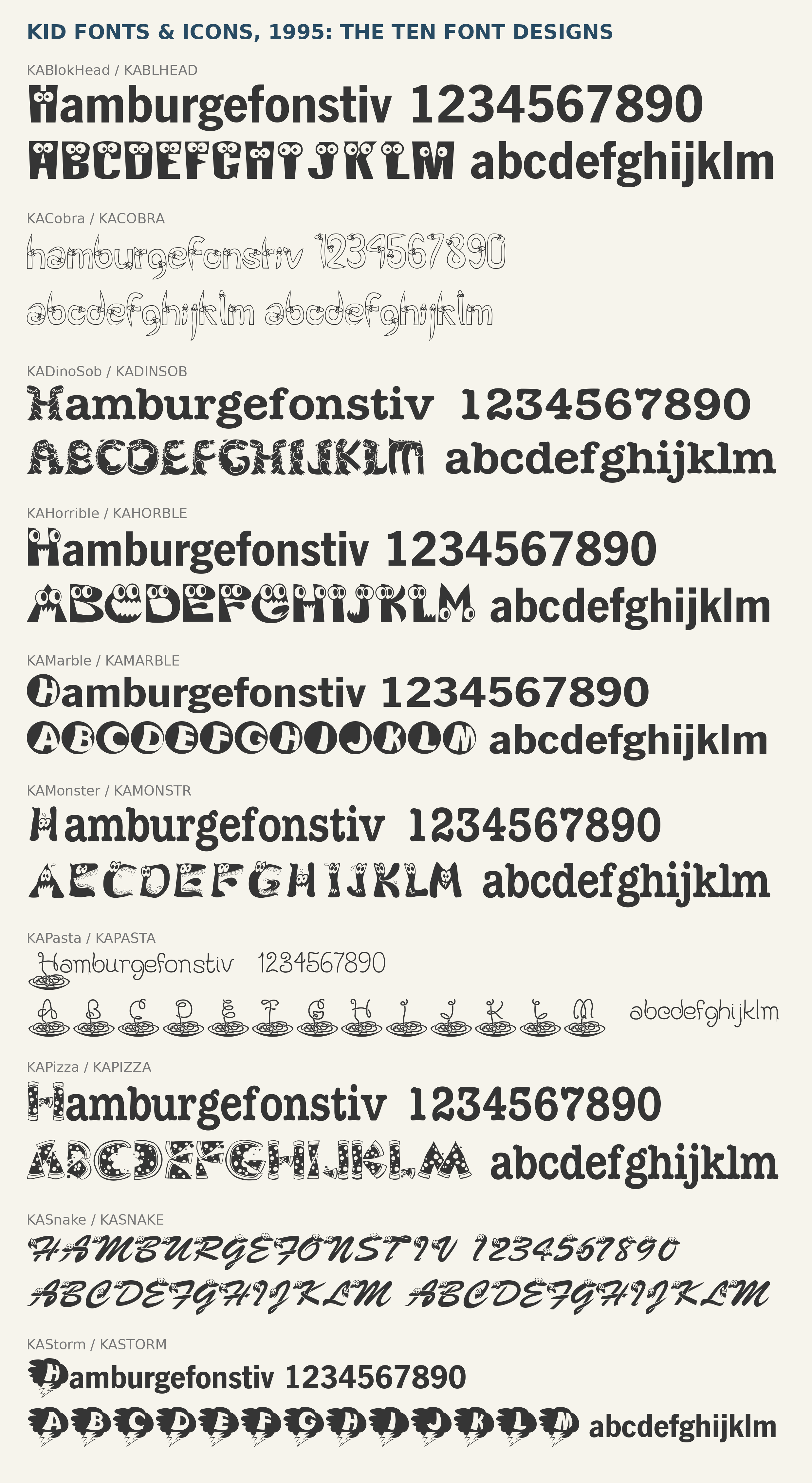 Specimen plate rendered from the Kid Fonts & Icons font files: KABlokHead, KACobra, KADinoSob, KAHorrible, KAMarble, KAMonster, KAPasta, KAPizza, KASnake, KAStorm