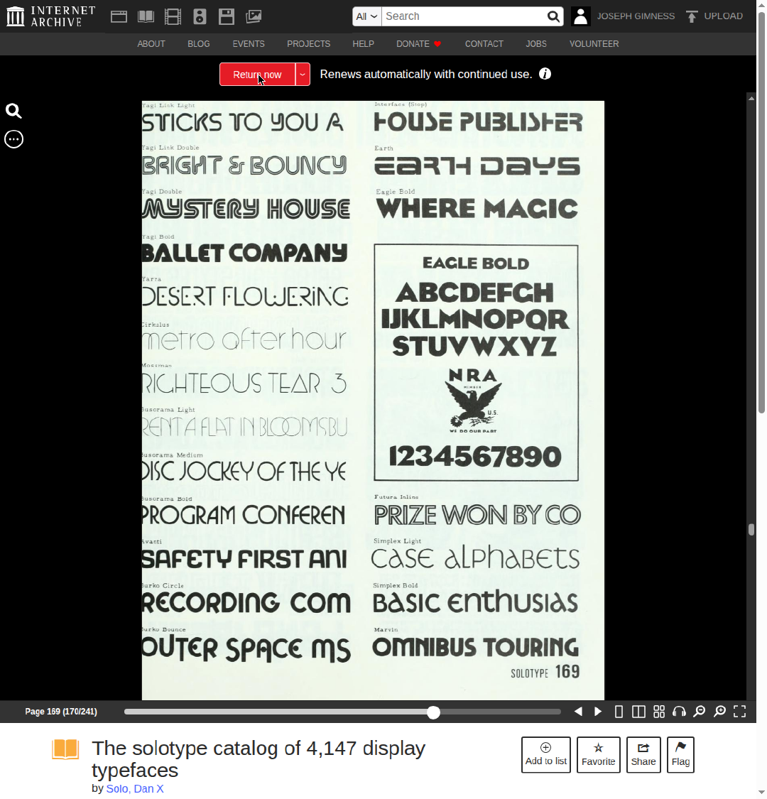 Page 169 of the Catalog: the face captioned Interface (Stop), shown in solid and outline treatments.