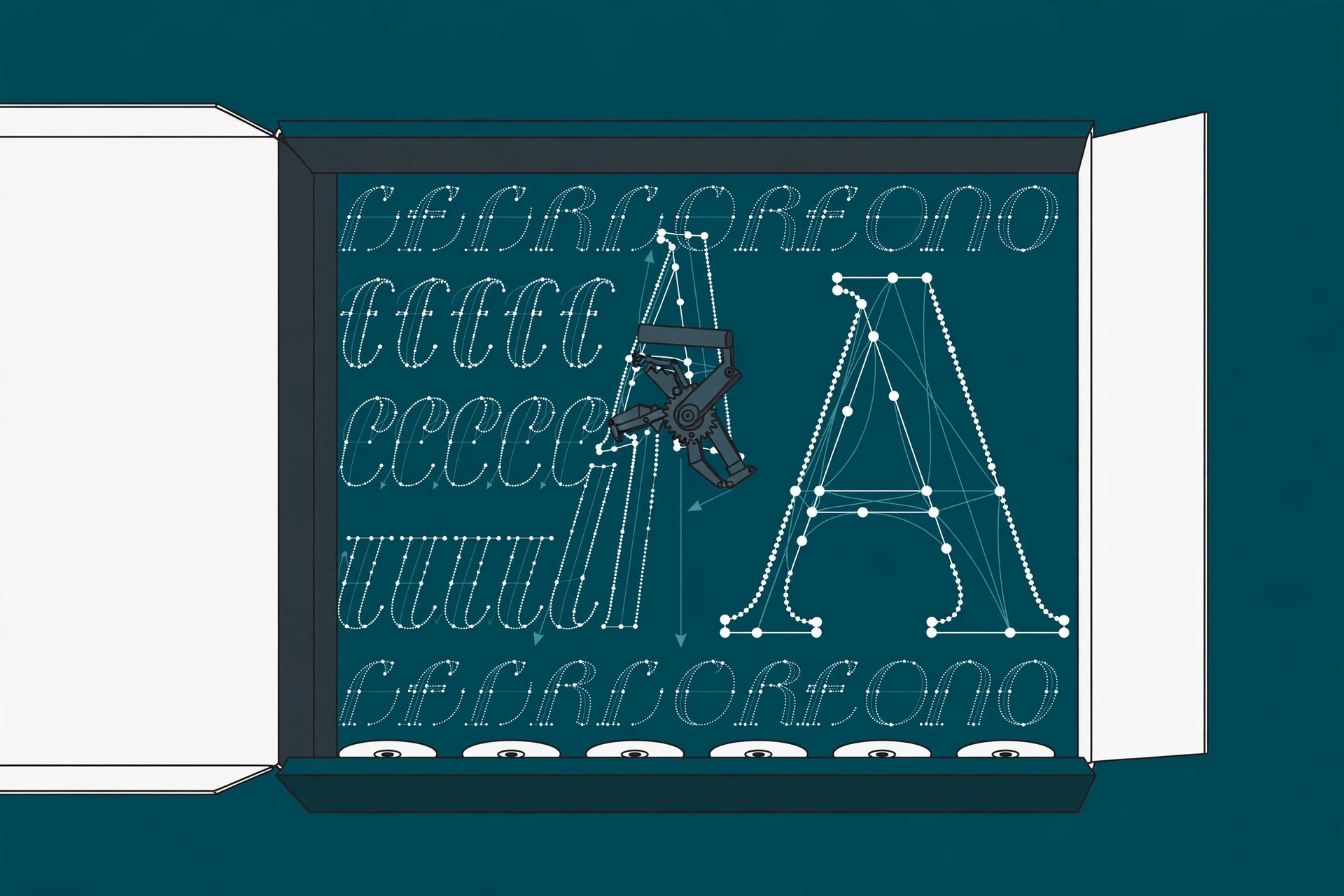 A software box open to rows of letter outlines drawn as dots and curves, one large A being stretched by a mechanical tool