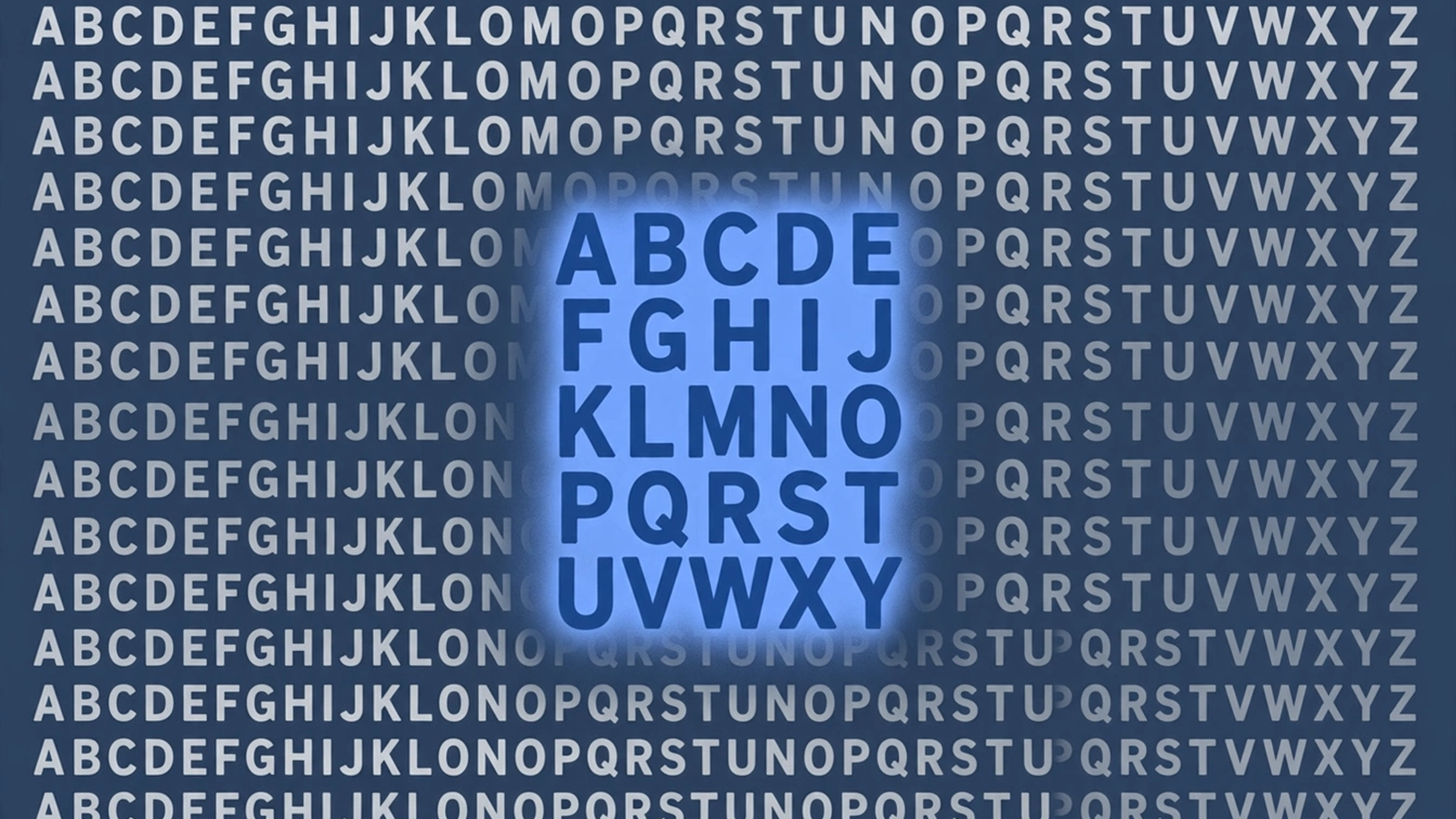 A wall of alphabet letters, most faded, with a small block of letters picked out in strong slate blue