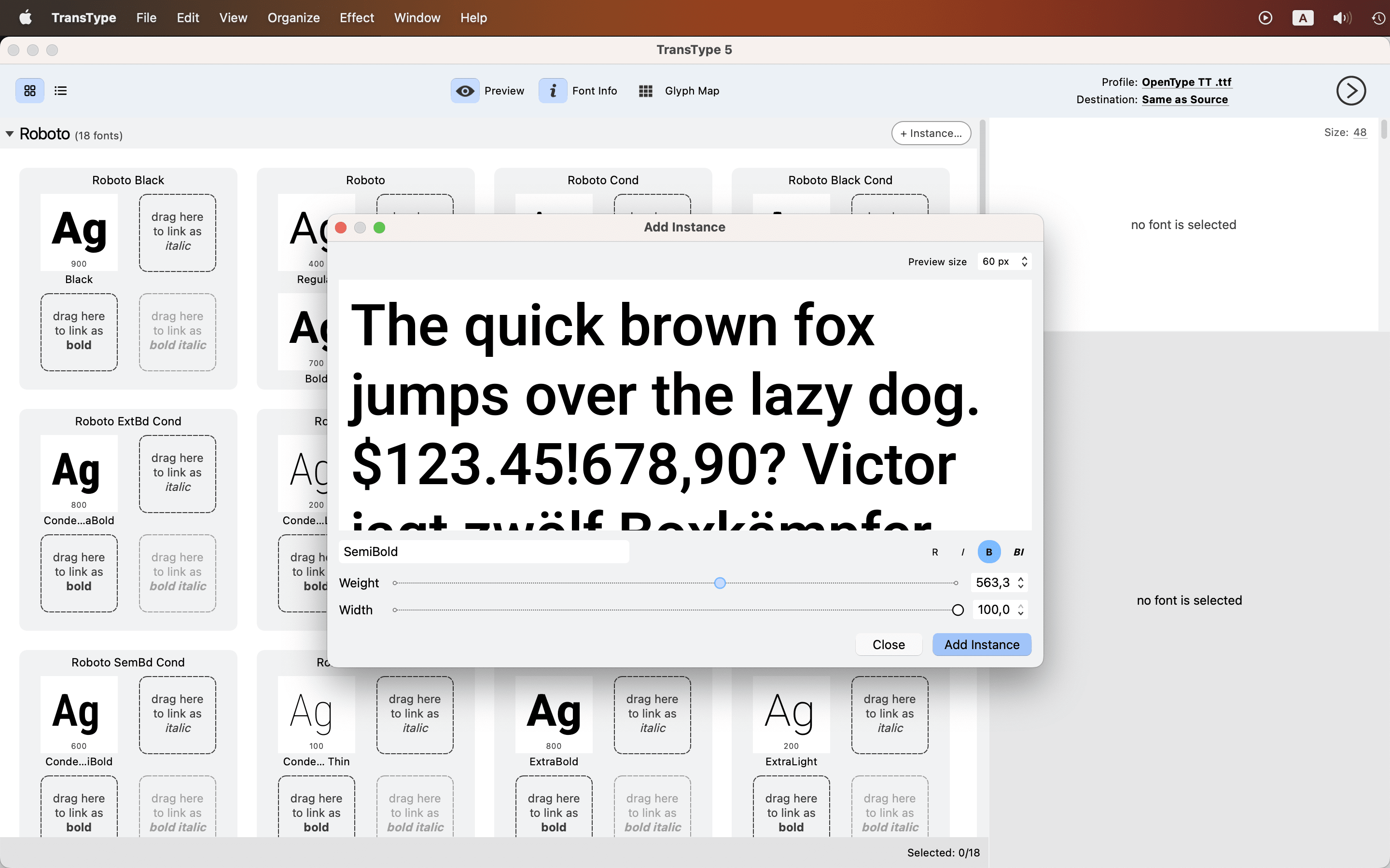 TransType 5’s Add Instance dialog over the family grid: a SemiBold instance being created with the Weight slider at 563 and Width at 100, with a live preview of the instance above the sliders.