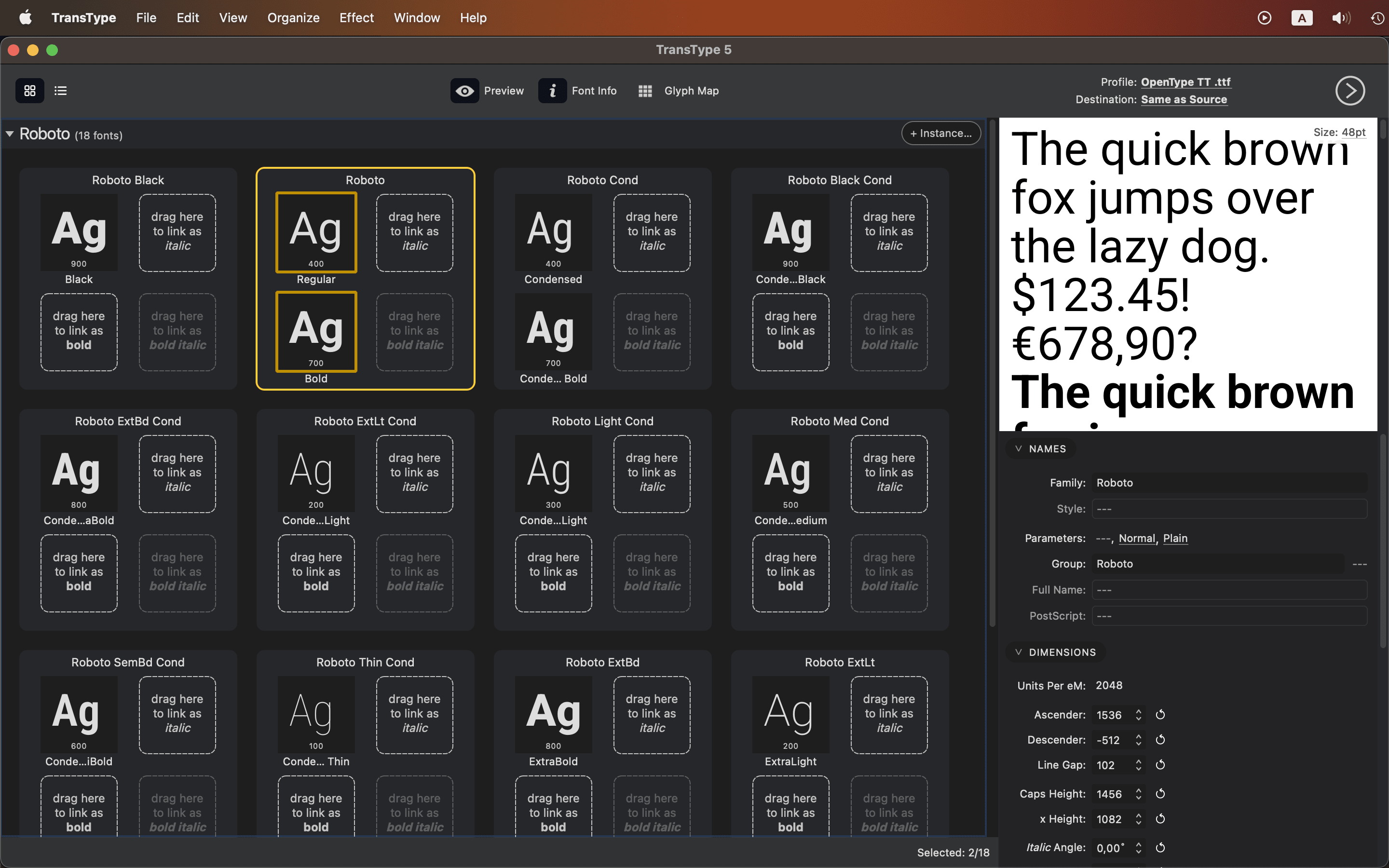 The TransType 5 main window: a grid of one family’s styles with drag-here slots for italic and bold style linking, a large live preview at the right, and the output profile set to OpenType TT.