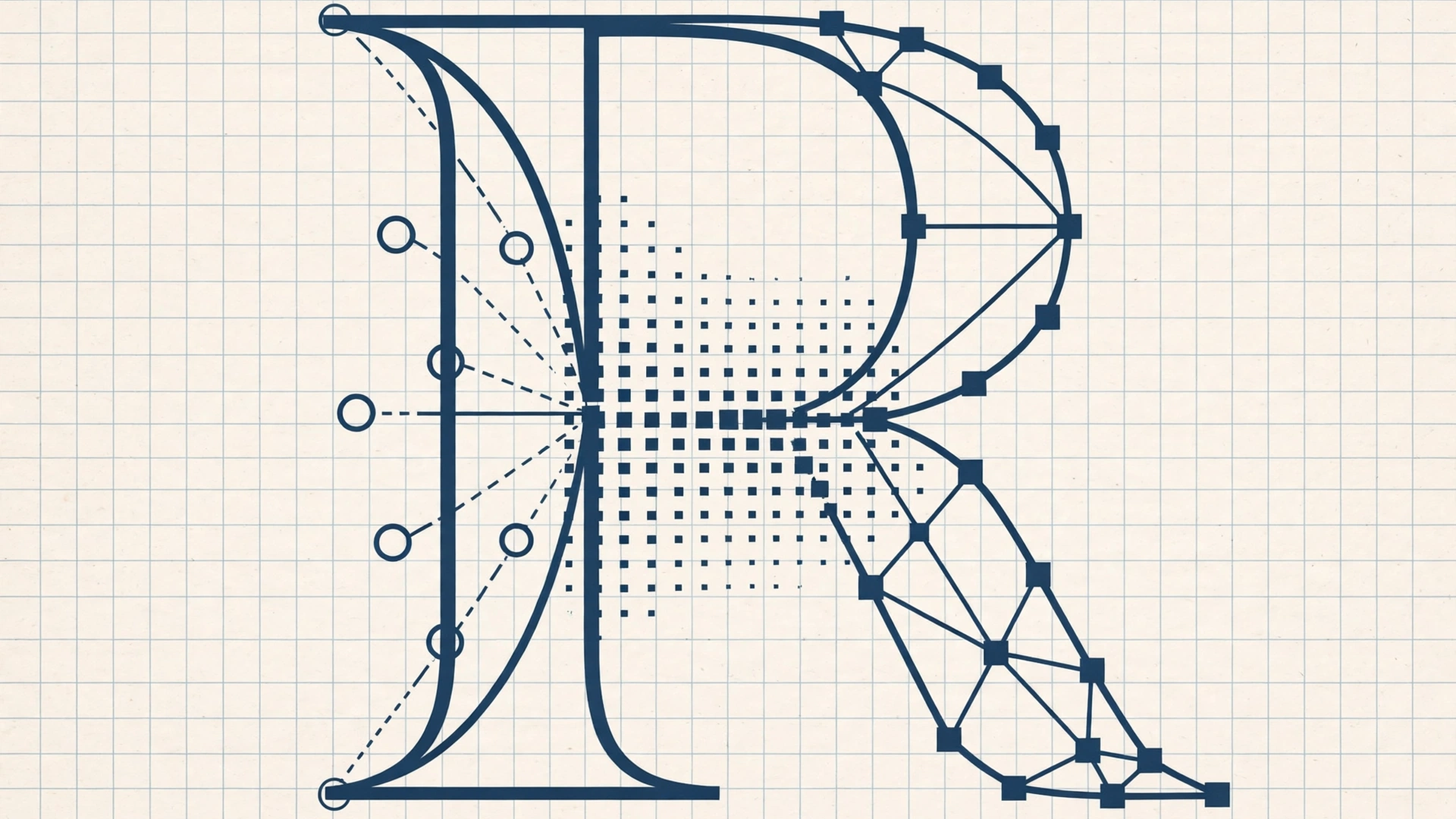 A serif capital R drawn as a wireframe glyph on graph paper: cubic curves with round handles on the left dissolve into points and reform as a quadratic spline outline with square points on the right.