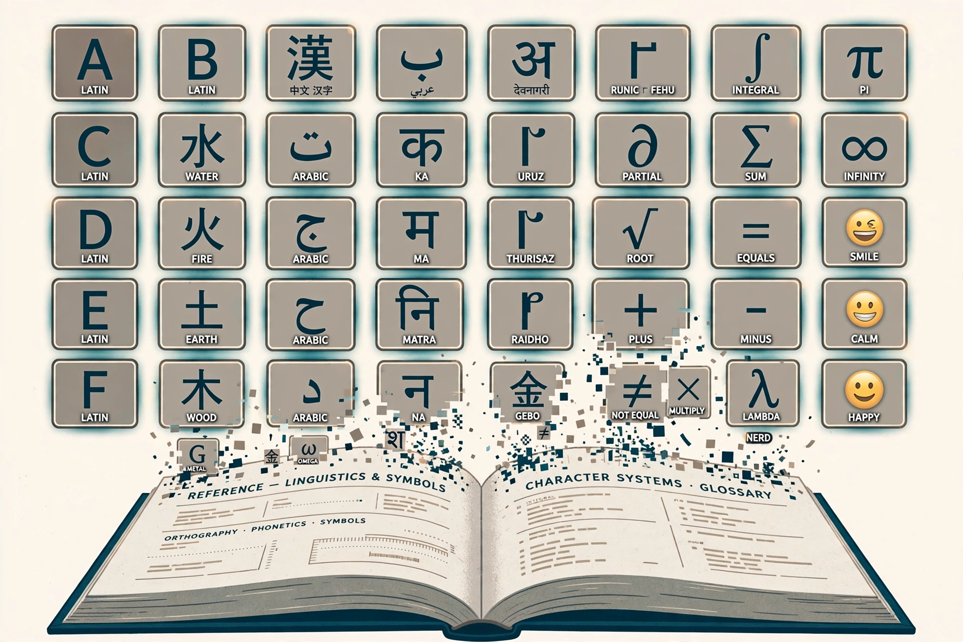 Character tiles from many writing systems, Latin, Chinese, Arabic, Devanagari, runes, mathematics and emoji, rising out of an open reference book