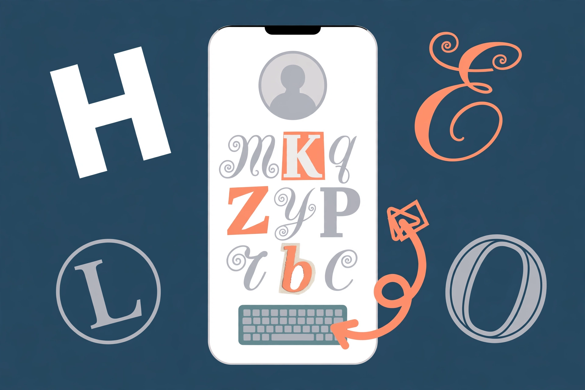 A phone profile whose biography is written in mismatched fancy letters, circled, script, bold and double-struck, surrounded by floating oversized letters