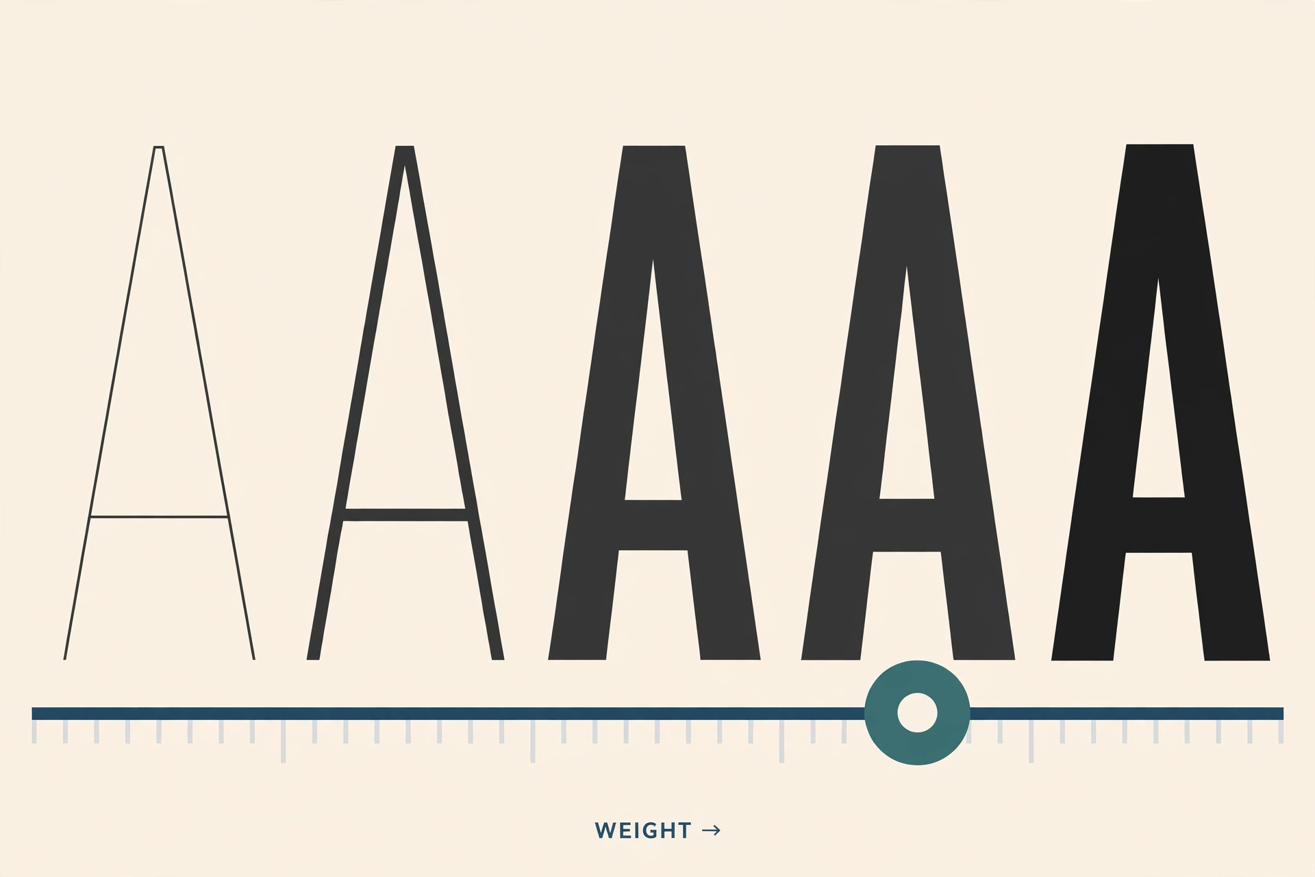 A capital A drawn five times in a row, growing from hairline thin to extra black along a slider track marked WEIGHT