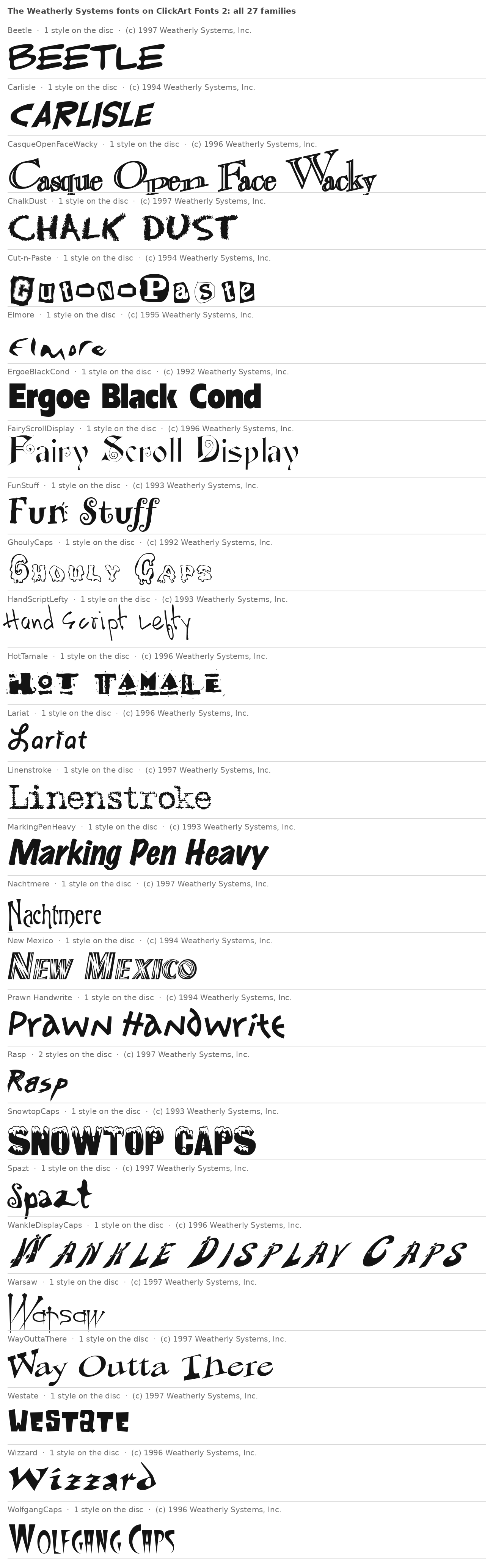 All 27 Weatherly Systems families on ClickArt Fonts 2, each name set in its own typeface