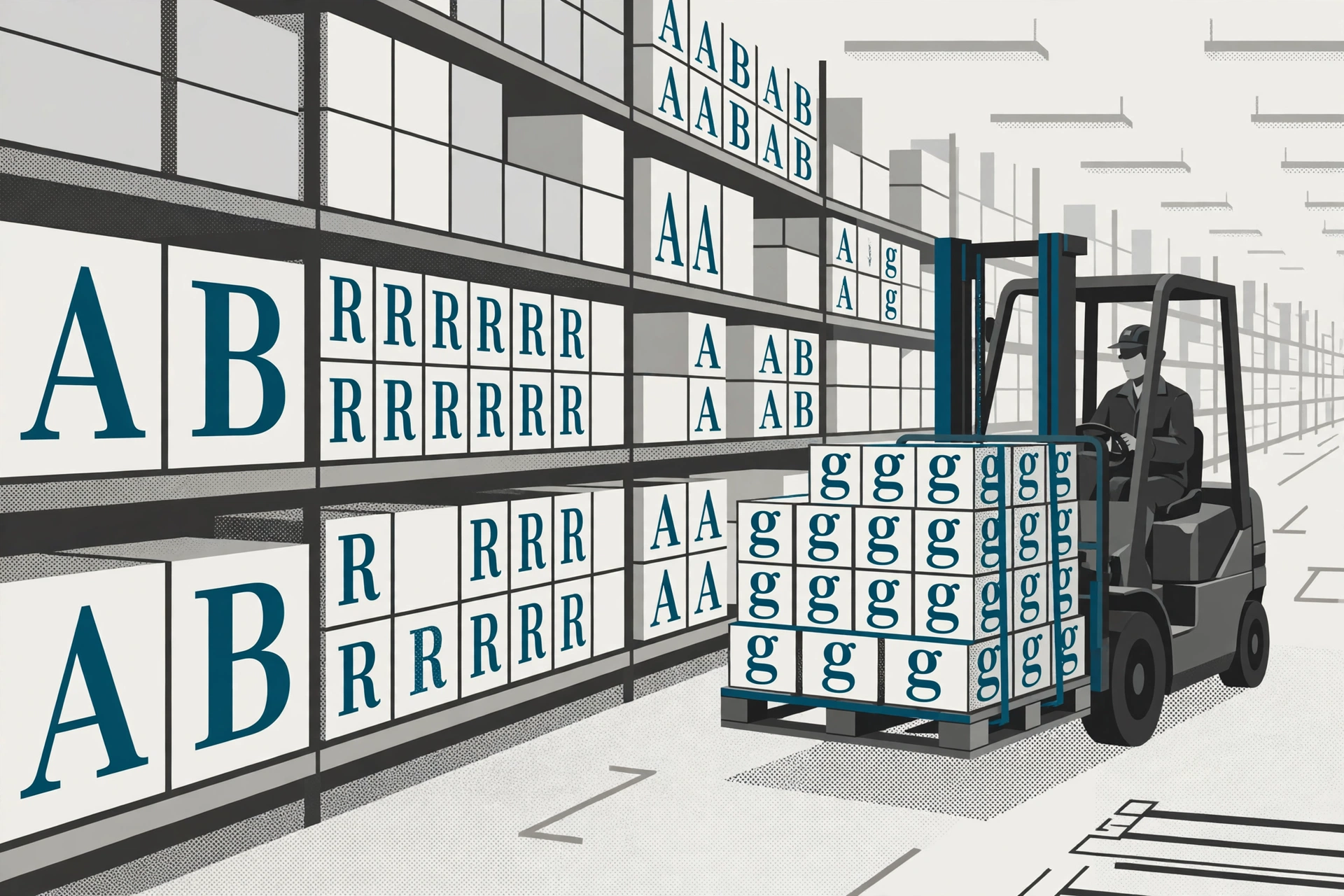 A warehouse aisle of software boxes, each stamped with a single large letter, a forklift moving a pallet of them