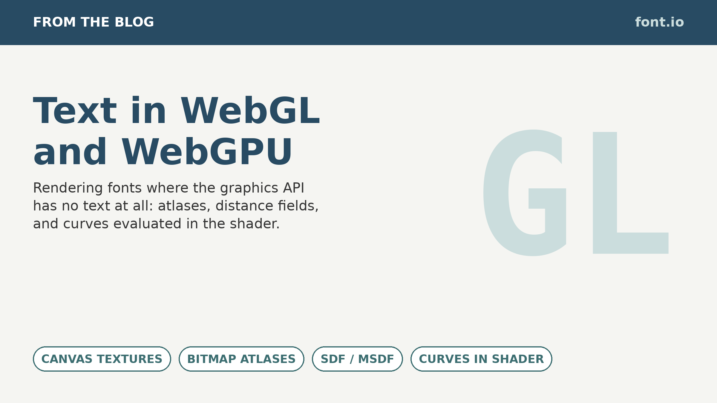 Text in WebGL and WebGPU: rendering fonts where the graphics API has no text at all, by canvas textures, bitmap atlases, distance fields, and curves in the shader.