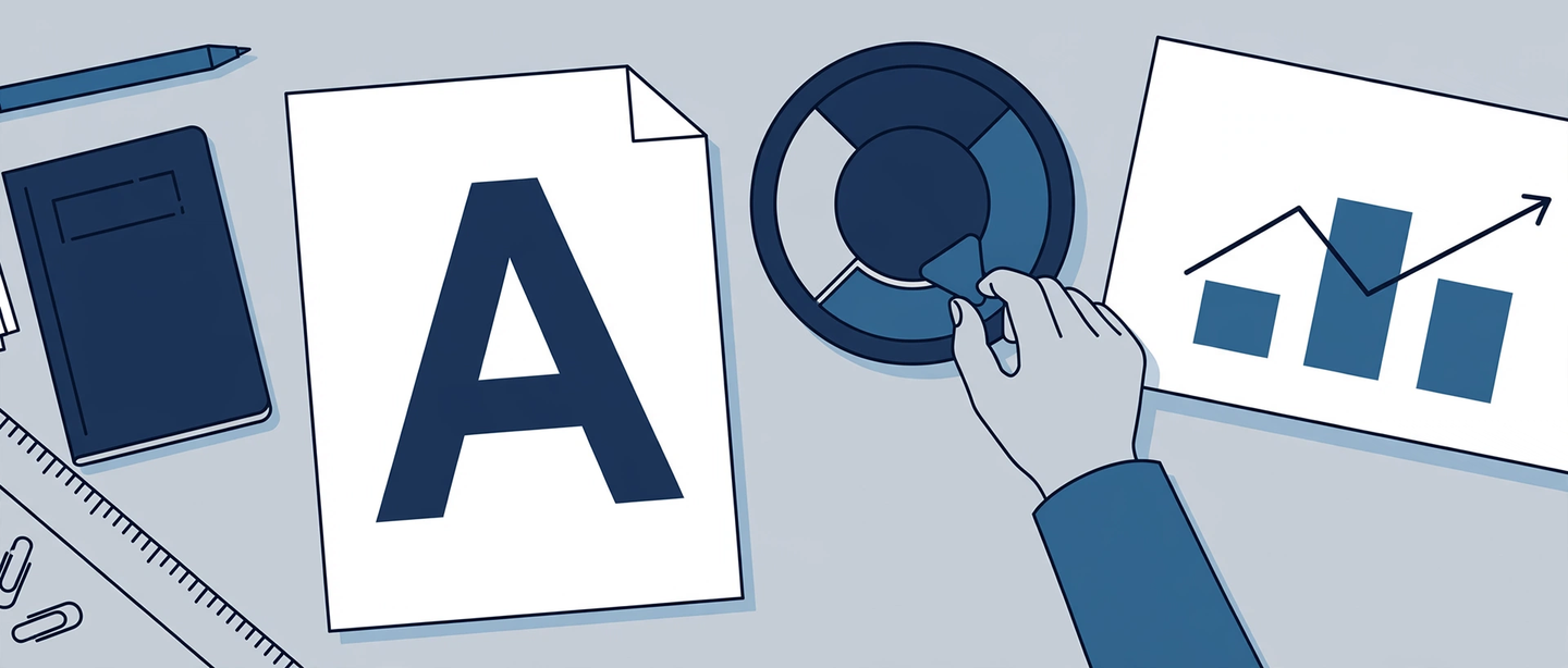 A font document with a large letter A on a desk beside a presentation slide