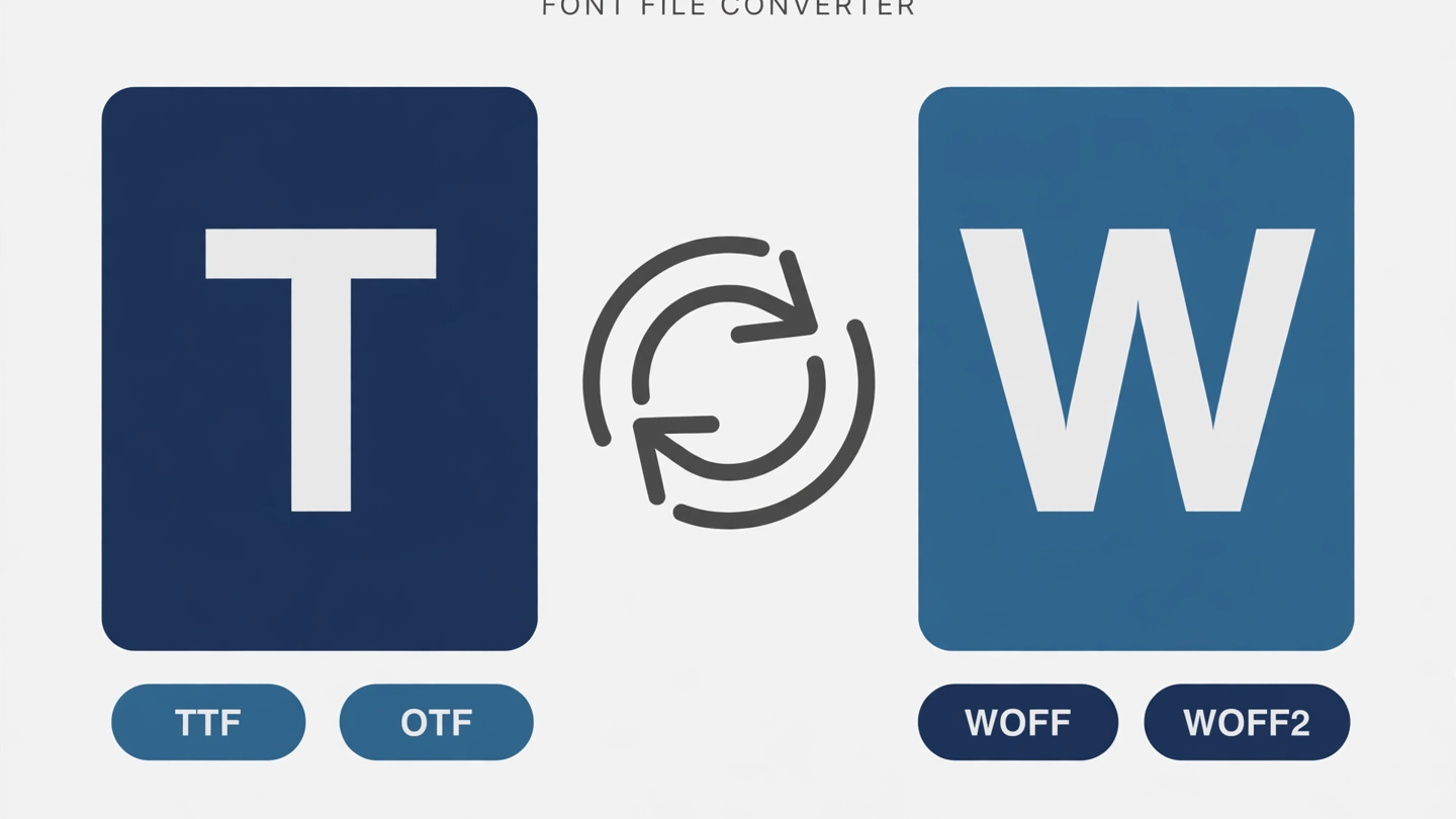 Illustrated cards with the letters T and W and a circular conversion arrow between them, tagged TTF, OTF, WOFF and WOFF2