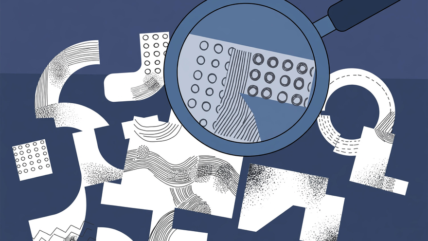 A magnifying glass examining printed letter fragments