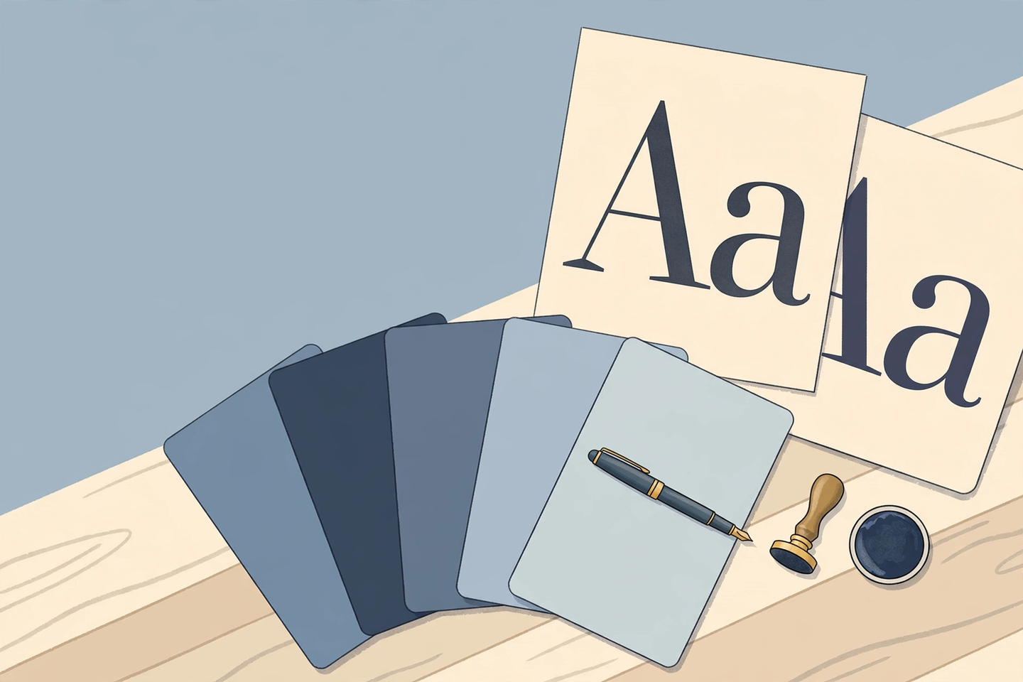 An illustrated set of license documents and a fountain pen on a desk