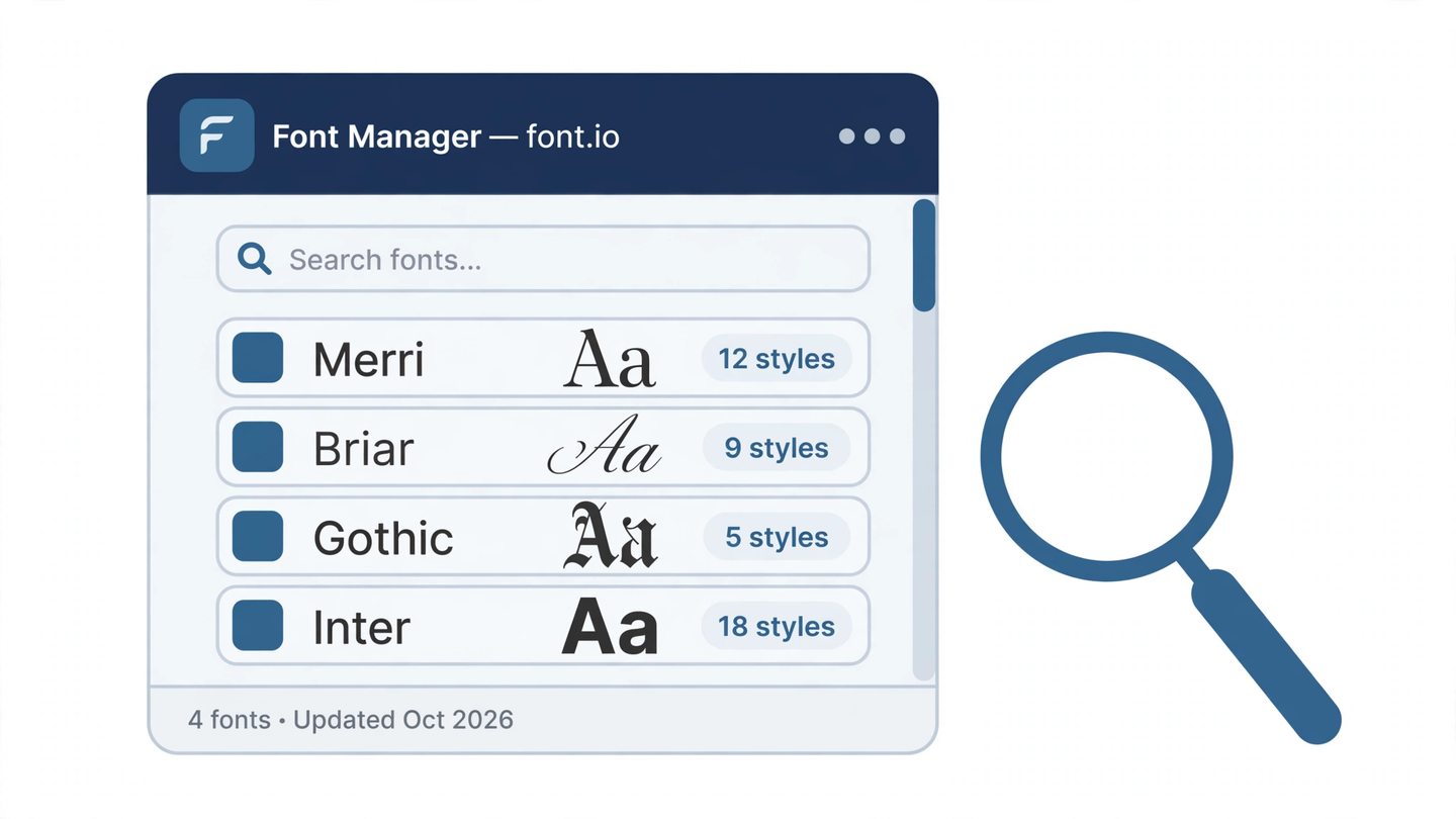 An illustrated font manager window listing font families with specimen previews, a magnifier resting beside it