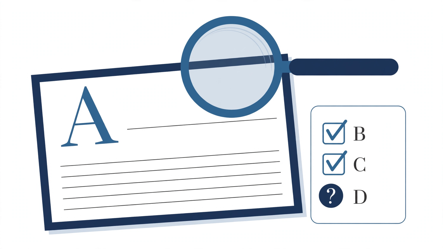 A checklist card with large check marks standing among oversized letterform plates