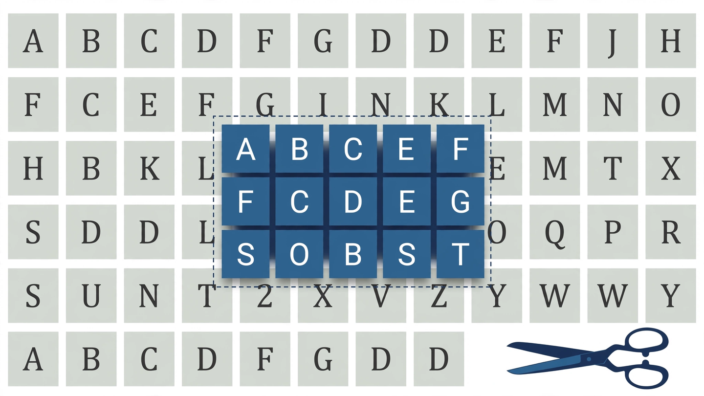 A wall of dim letter tiles with a small group lit in slate blue beside a typesetter's workbench