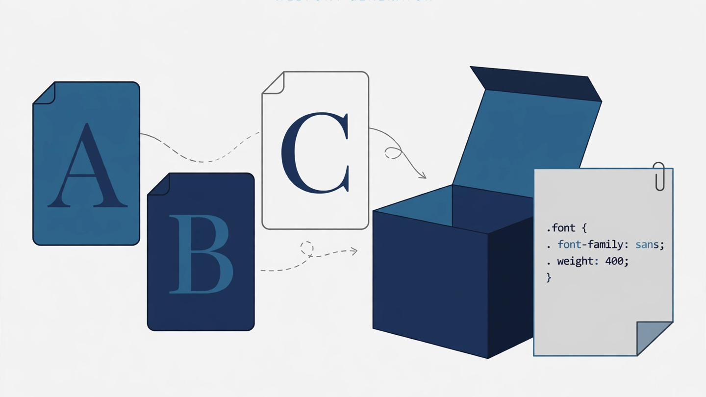 Illustrated font file cards with large letters flowing into an open package beside a CSS stylesheet